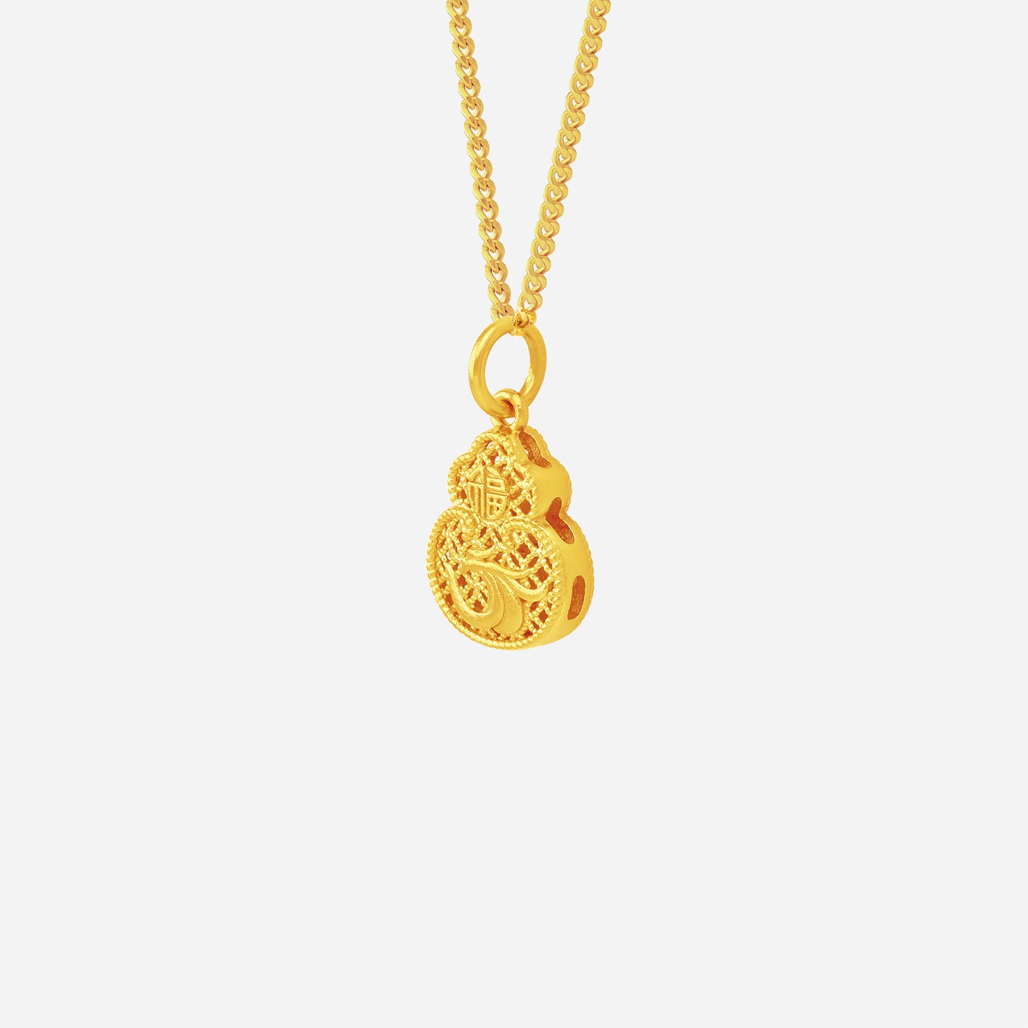 fortune gourd pendant in 22k yellow gold featuring a double-gourd design with intricate openwork detailing.