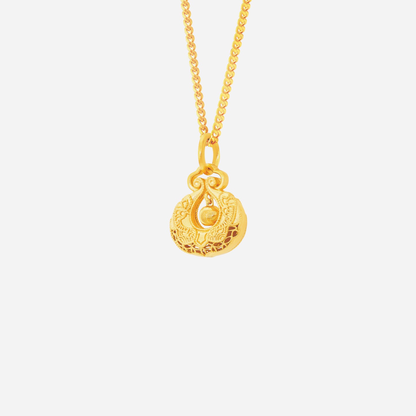 fortune pouch pendant in 22k yellow gold with intricate openwork design and suspended gold bead. chain not included.
