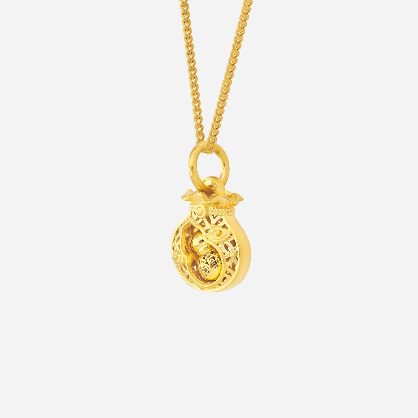 fortune gourd pouch pendant in 22k yellow gold with intricate detailing and symbolic design. chain not included.