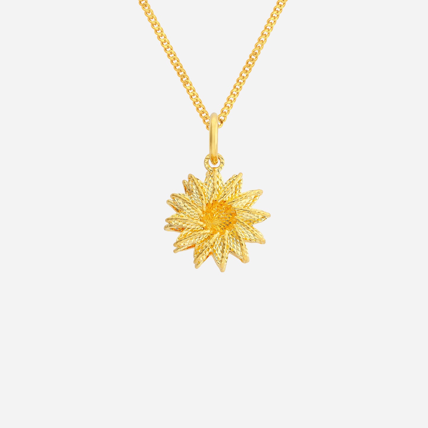 luminous sunflower pendant in 22k yellow gold with detailed floral design and textured petals.
