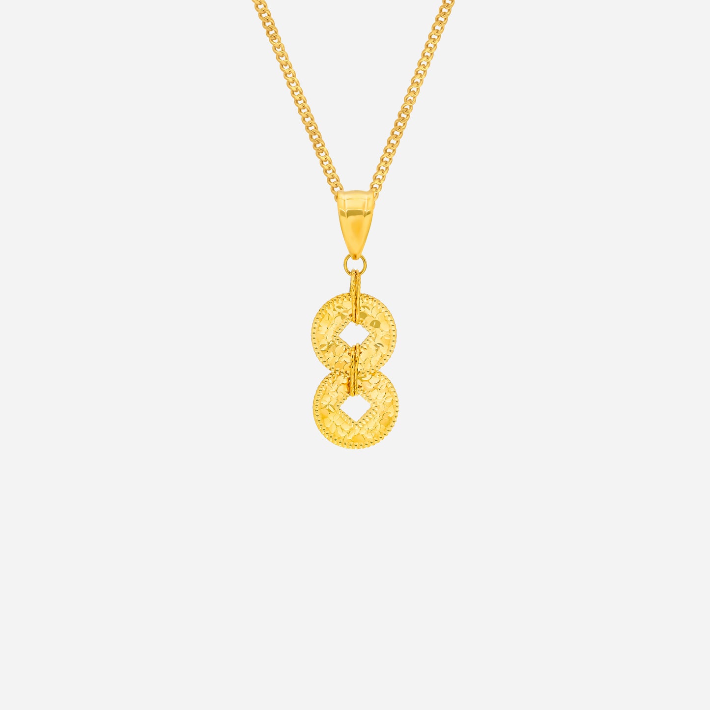 elegant yellow gold coin of wealth pendant featuring intertwined double rings and intricate detailing.