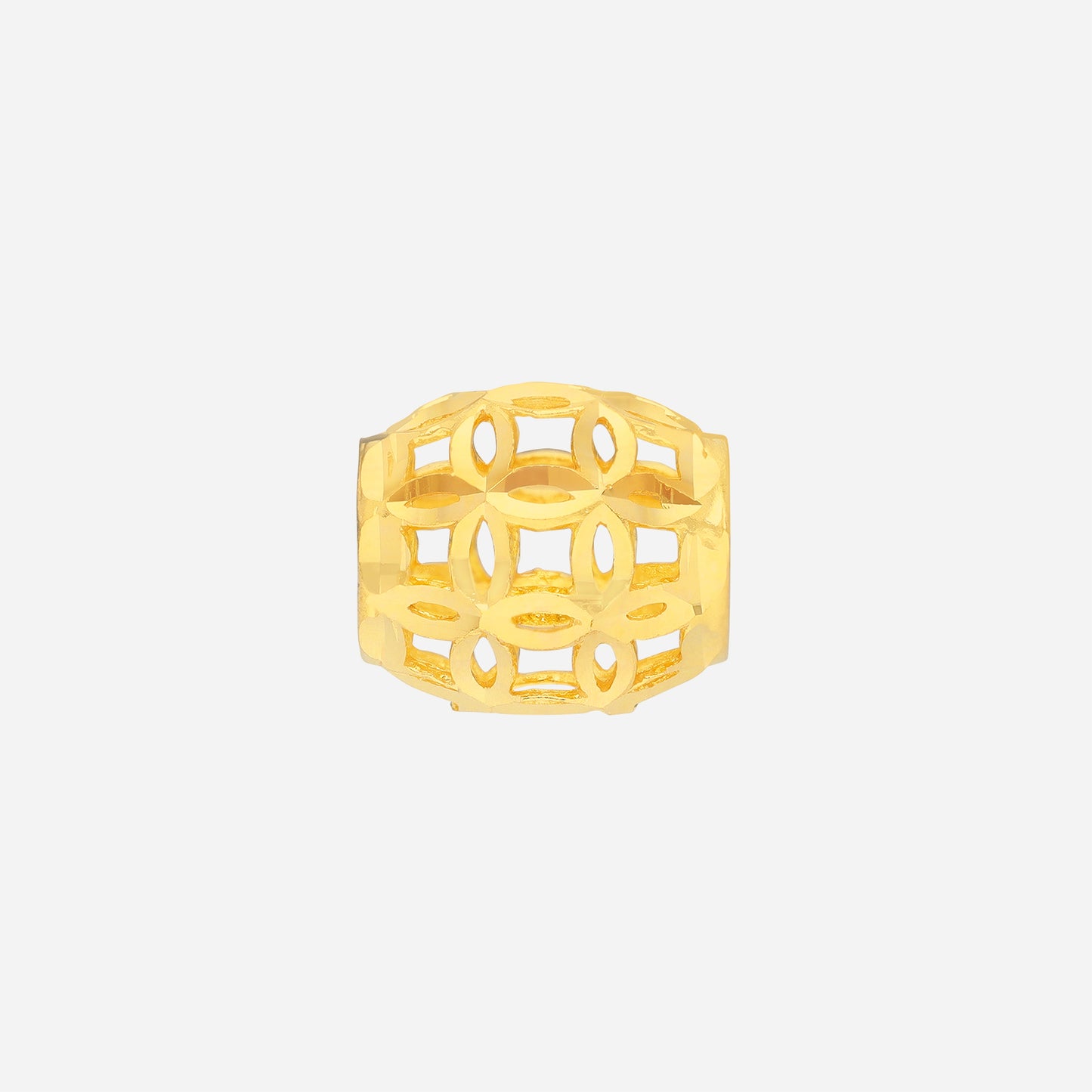 prosperity coin barrel charm in 22k yellow gold with intricate coin-inspired openwork design.