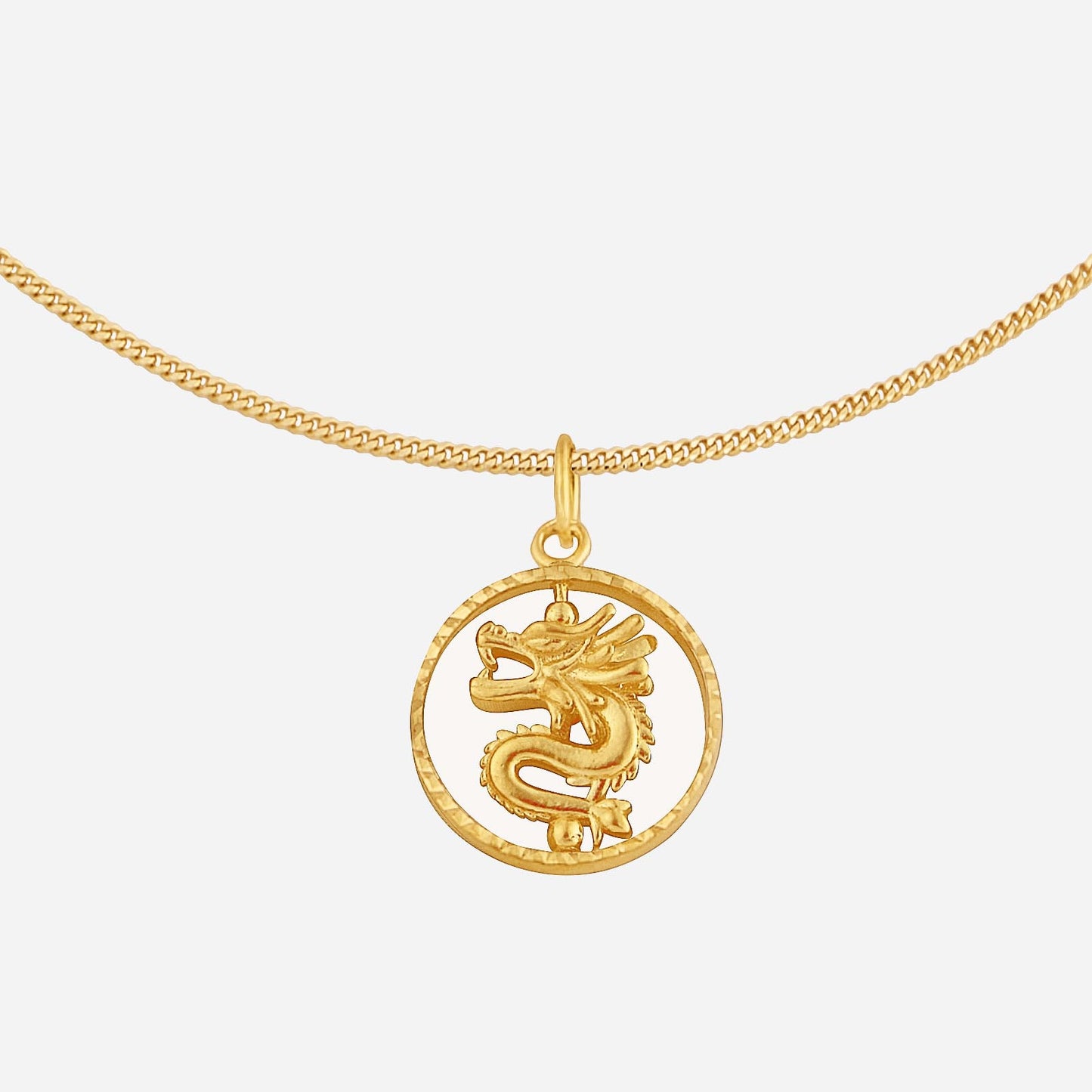 22k yellow gold dragon pendant with intricate detailing, featured in a circular design, chain sold separately.