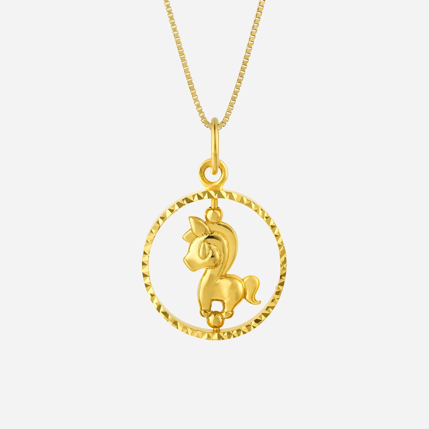 22k yellow gold horse pendant charm in a textured circular frame, symbolizing luck and prosperity.