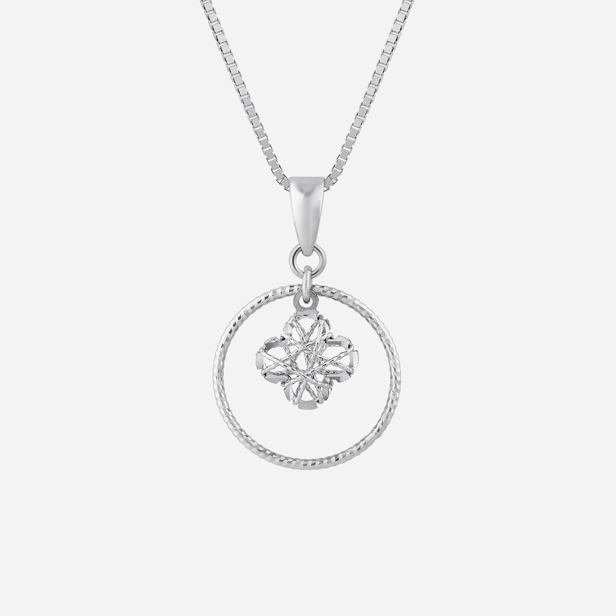 clover pendant in 18k white gold with a crystal center, featuring a circular rope design. elegant and symbolic charm.