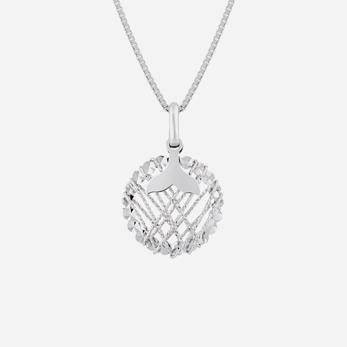 fish tail pendant in 18k white gold with intricate shimmering scales, symbolizing ocean magic and adventure.