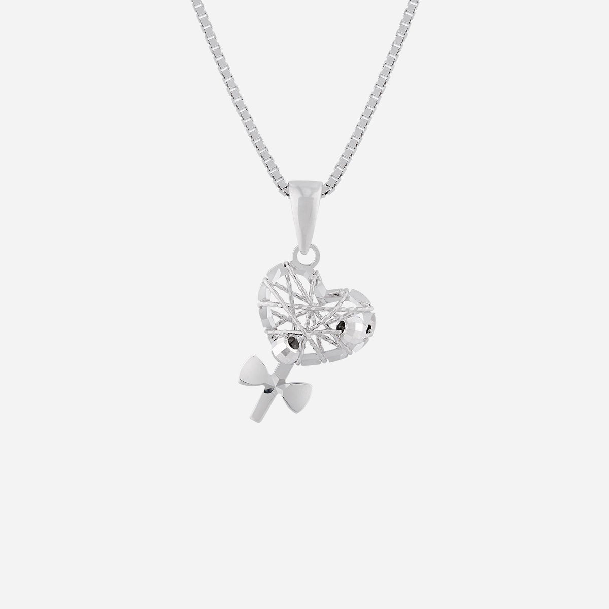 heart pendant in 18k white gold, featuring a intricate woven design and a delicate bow accent.