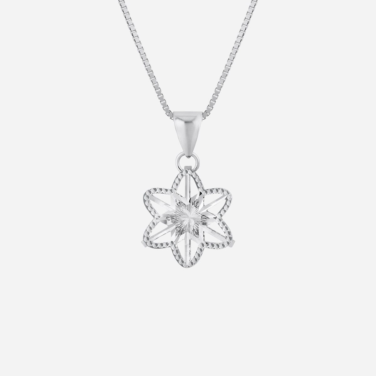 flower pendant in 18k white gold featuring a six-petaled flower design with intricate details. chain not included.