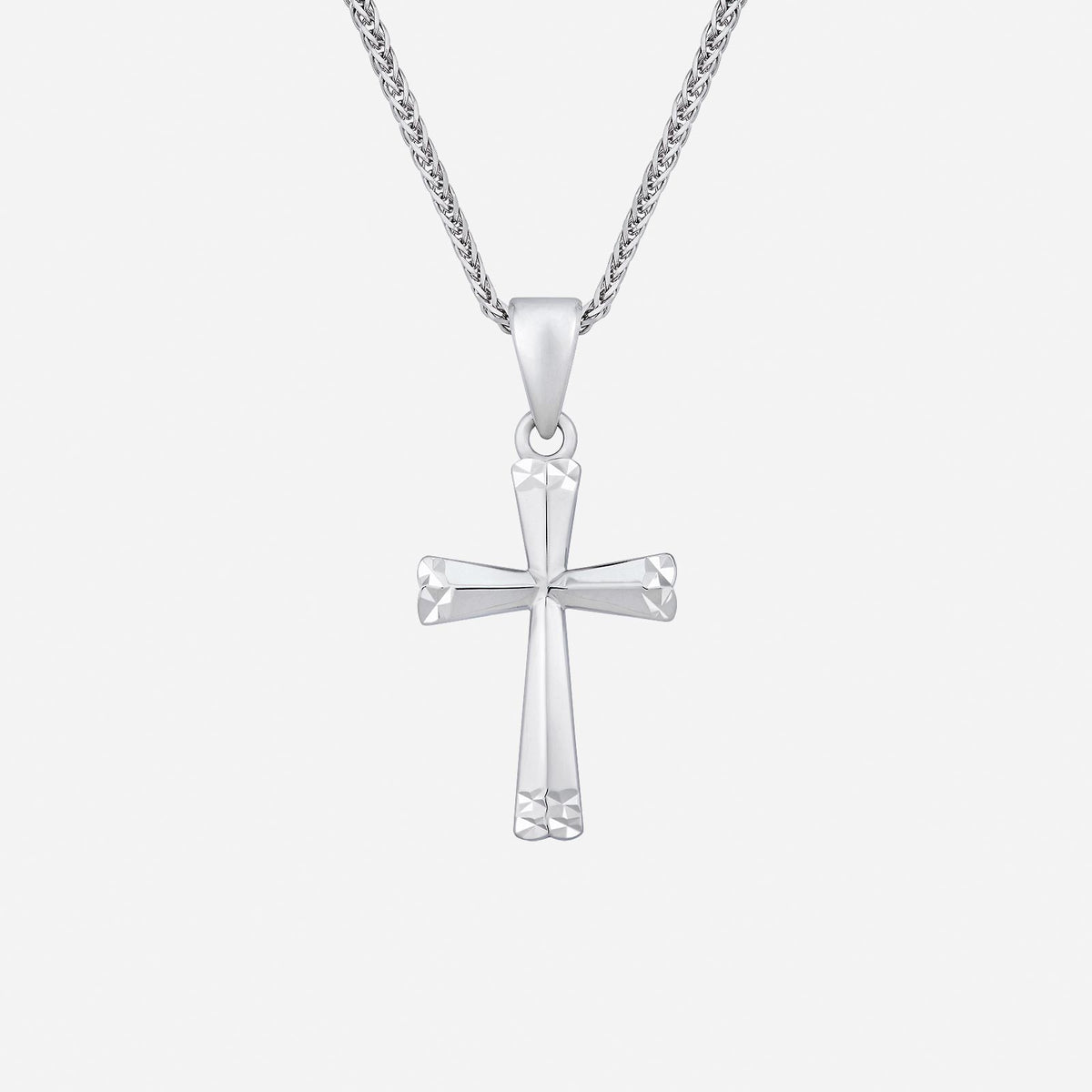 elegant cross pendant in polished 18k white gold with a textured design, perfect for expressing faith and devotion.