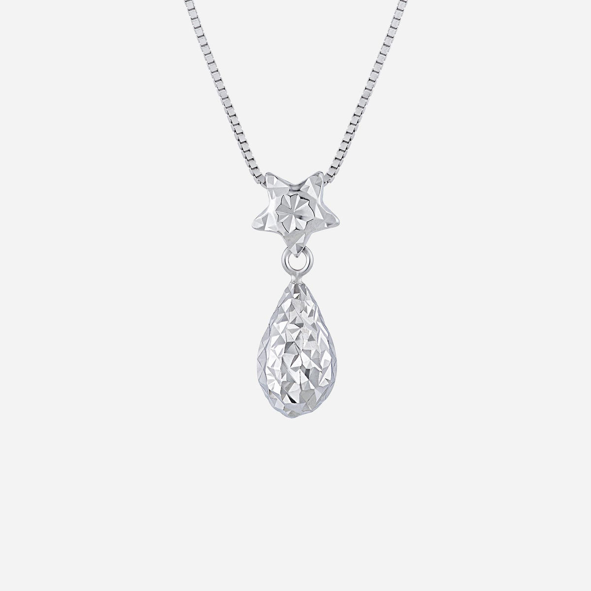 18k white gold pendant featuring a faceted teardrop design with a delicate star accent. elegant and luxurious.