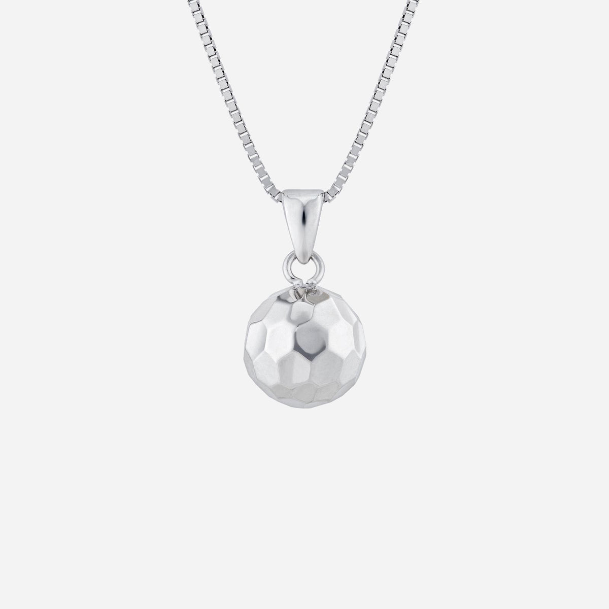 18k white gold pendant with a faceted disco ball design, reflecting light and movement elegantly. chain not included.