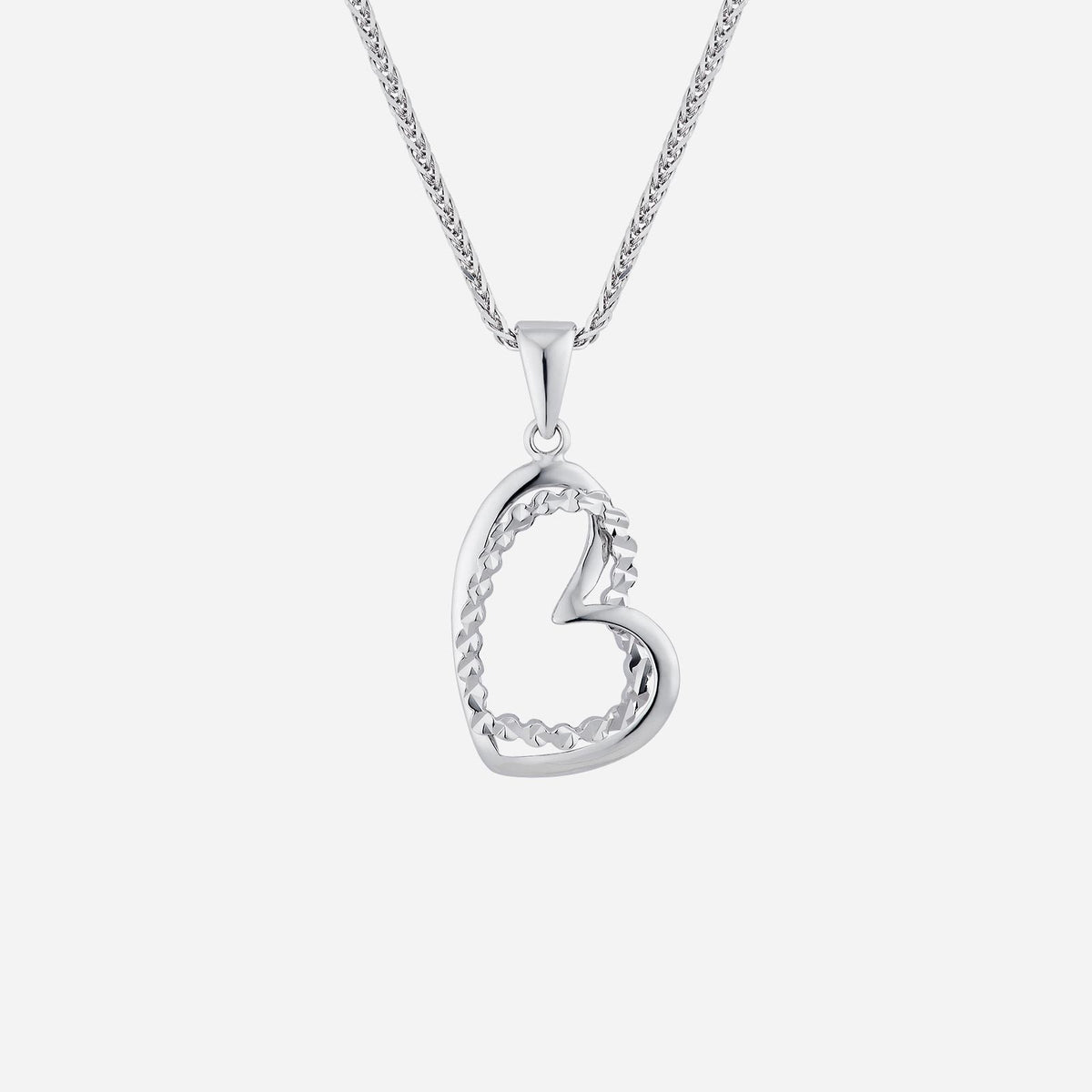 heart-shaped pendant crafted from 18k white gold with intricate detailing and graceful curves, symbolizing unity.