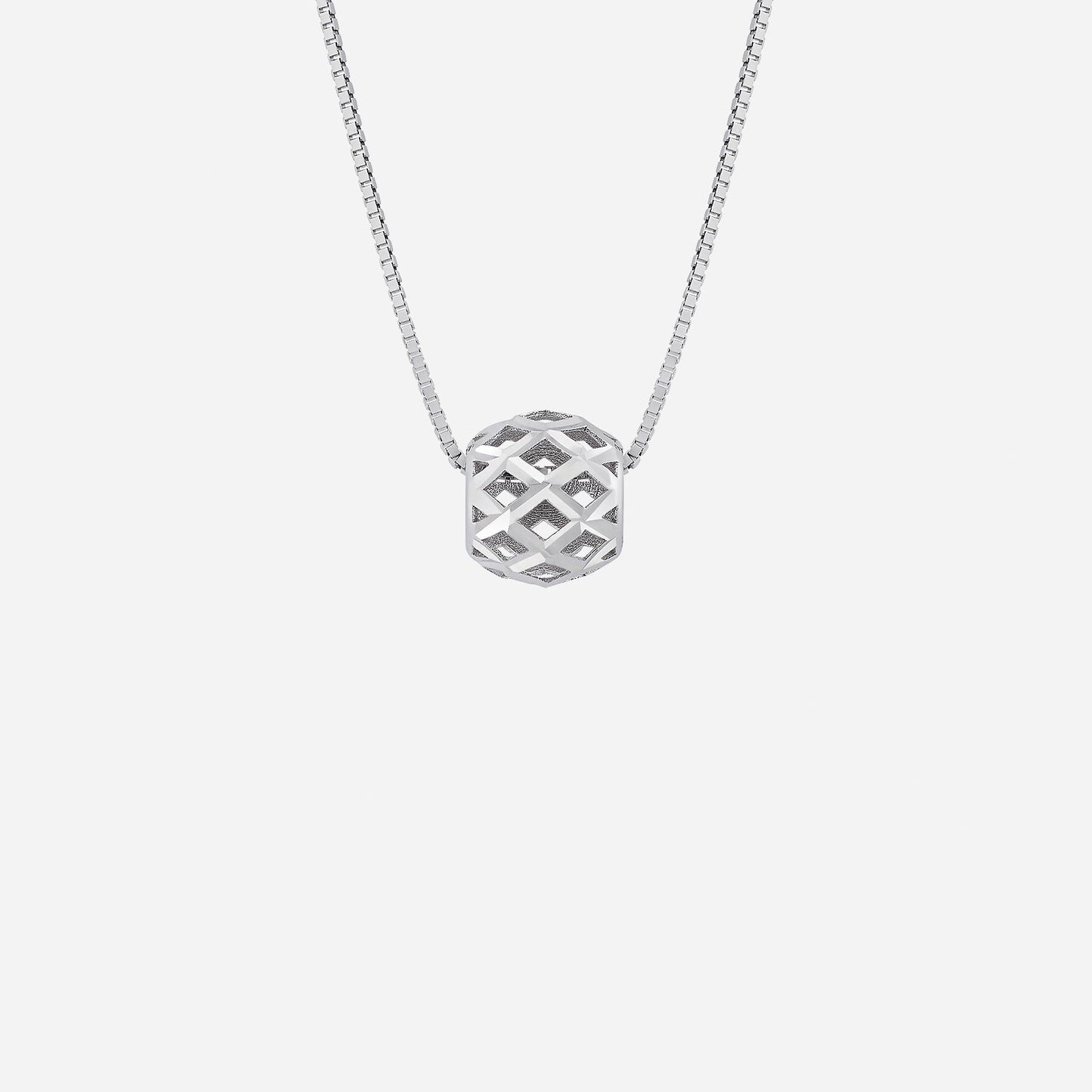 18k white gold pendant with a sleek lattice design on a delicate chain, showcasing modern and timeless elegance.