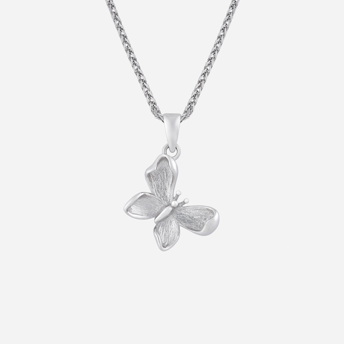 18k white gold butterfly pendant with intricate craftsmanship, suspended from a delicate chain. ideal for any occasion.