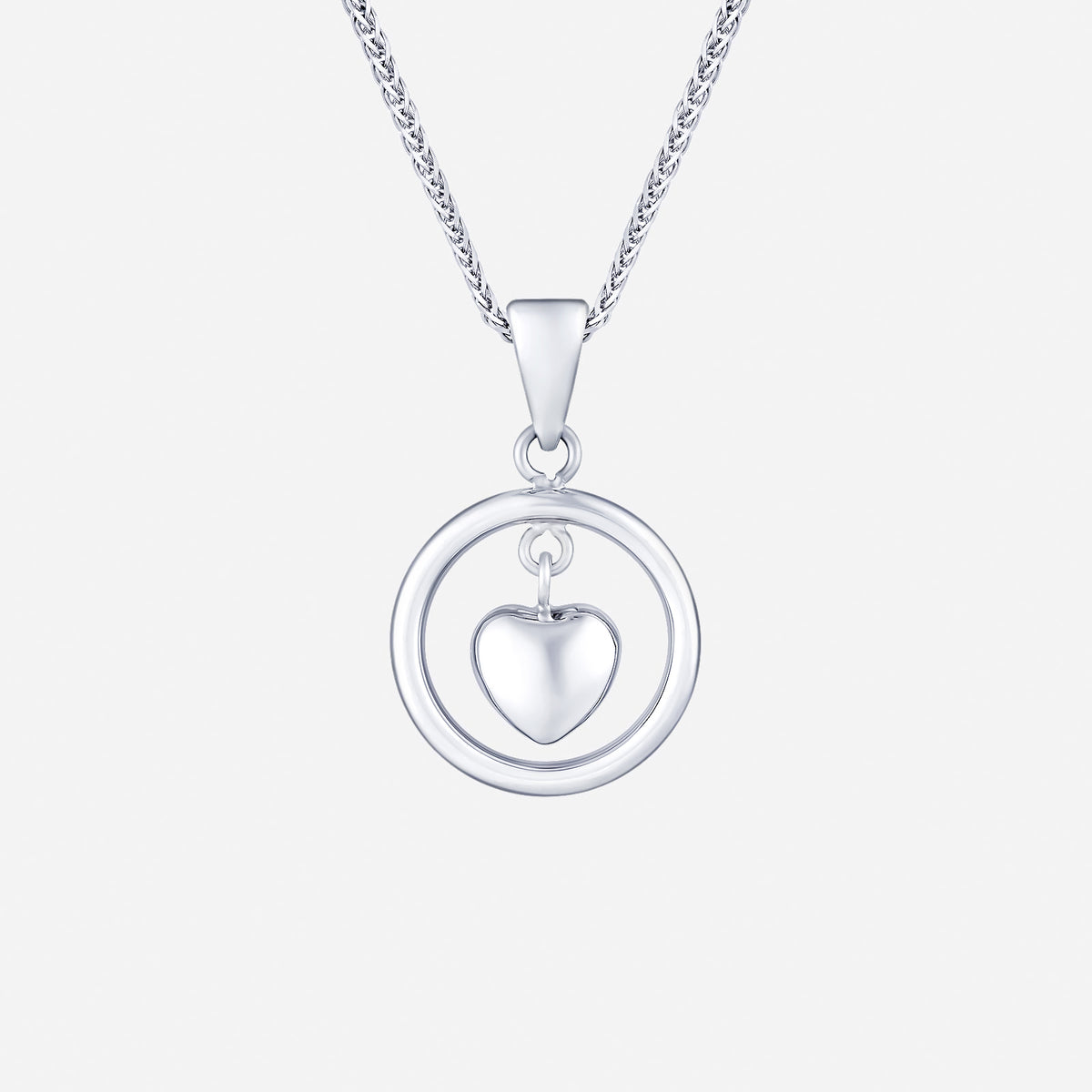 duo shine pendant in 18k white gold features a polished heart within a slender circle, exuding feminine charm.