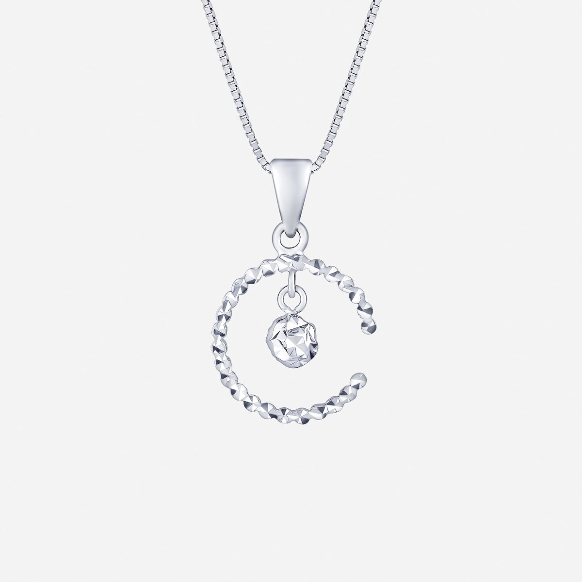 duo shine pendant in 18k white gold featuring a faceted sphere in a spiral design, showcasing light reflection.