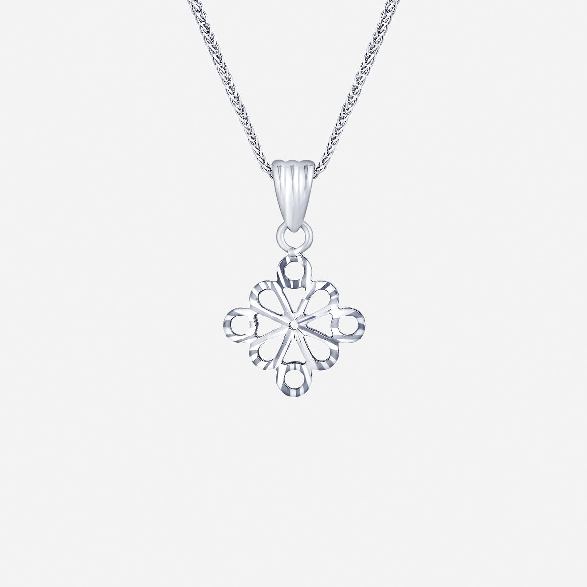 petal bloom pendant in 18k white gold with a delicate floral design, featuring an intricate cut-out pattern.