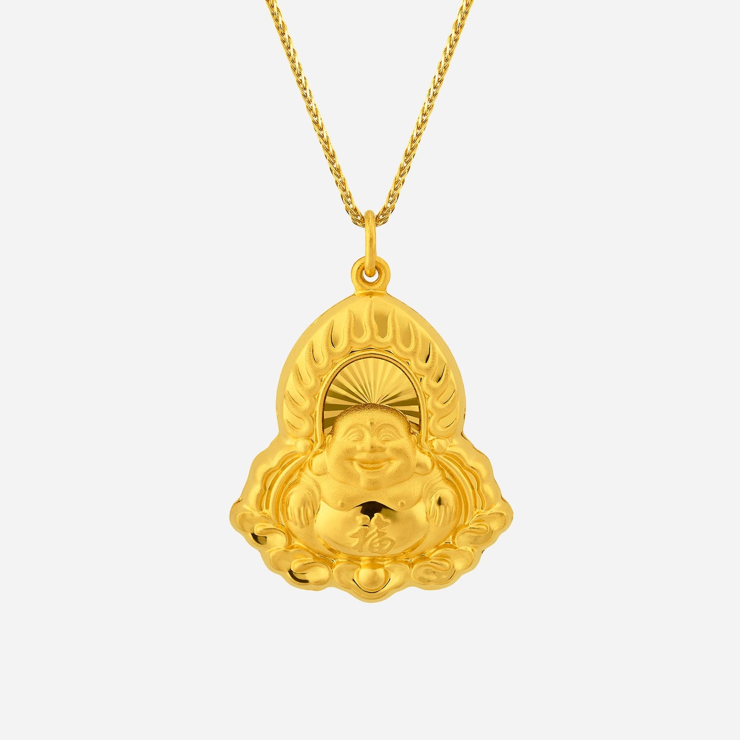 jolly laughing buddha pendant in 24k yellow gold with detailed etched design and ornate back. chain sold separately.