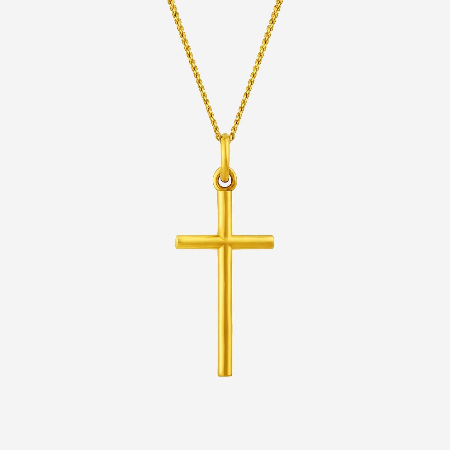 24k yellow gold cross pendant with a sleek, modern design, featuring a polished finish and simple silhouette.