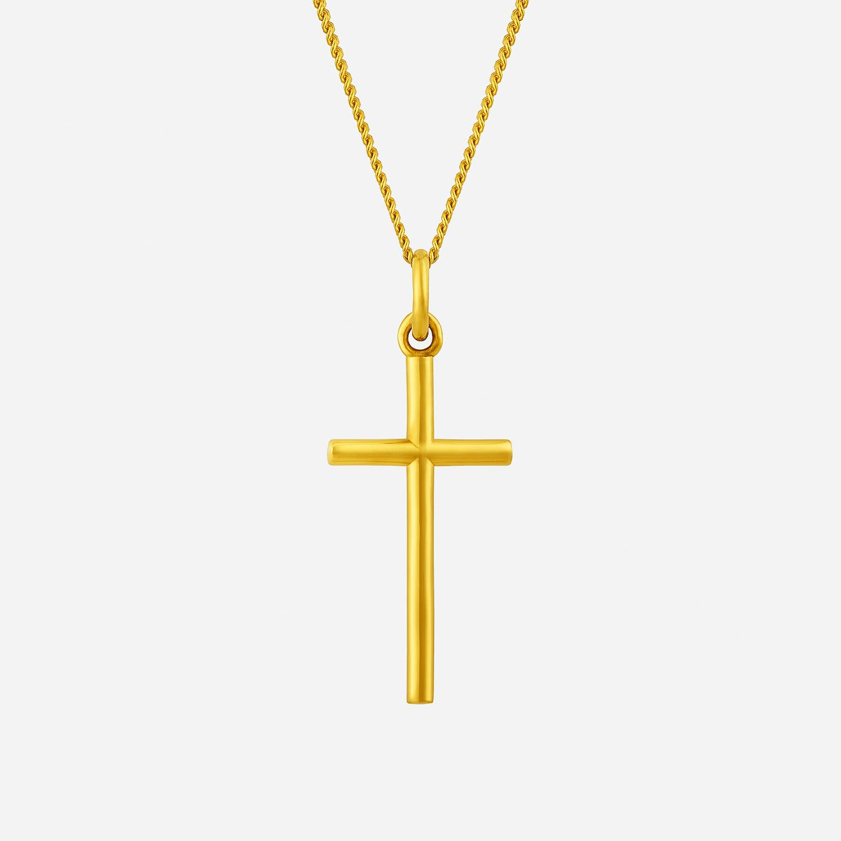 stylish cross pendant in 24k yellow gold with a polished finish, perfect for meaningful jewelry collection.