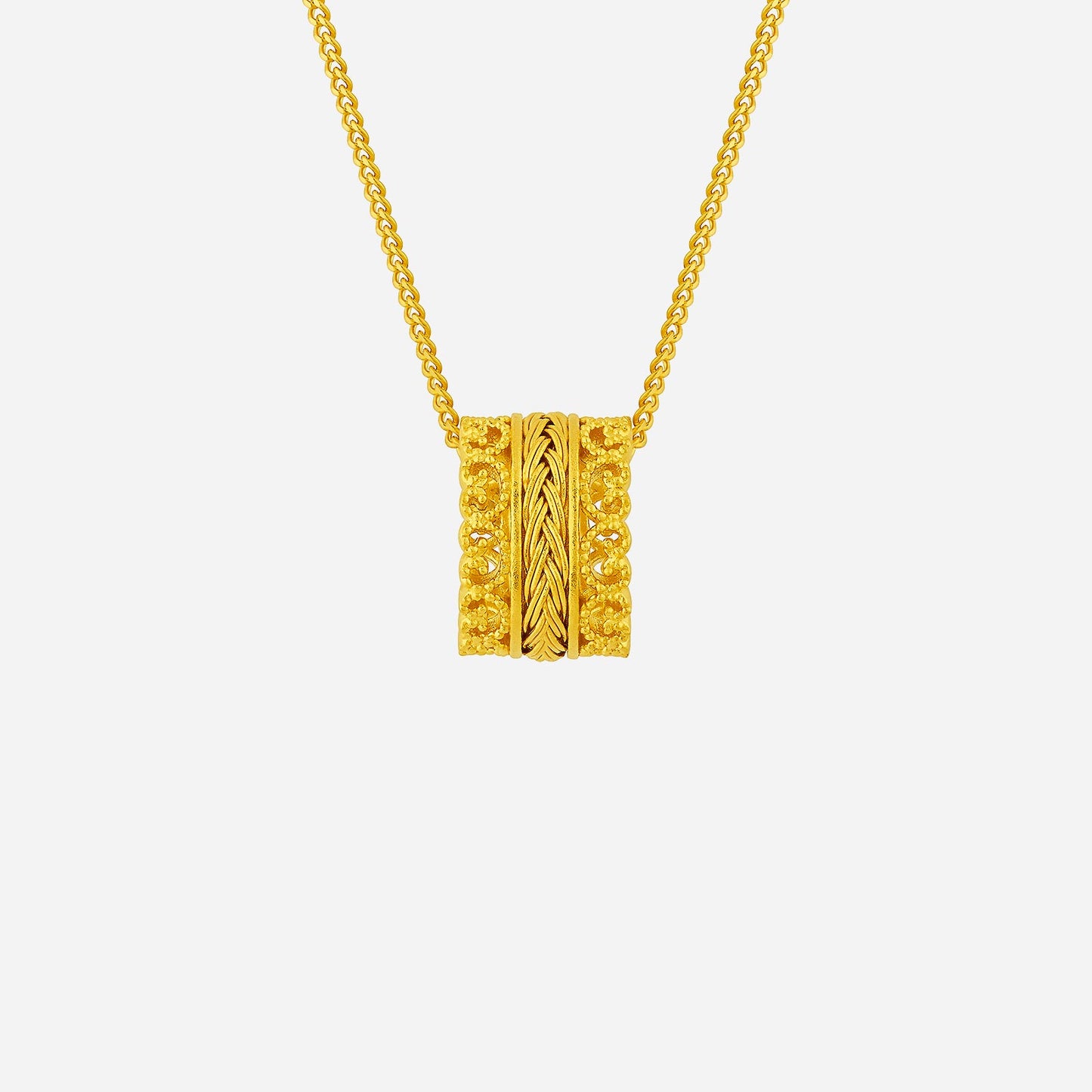 24k yellow gold braid barrel pendant showcasing intricate design and textured details on a delicate chain.