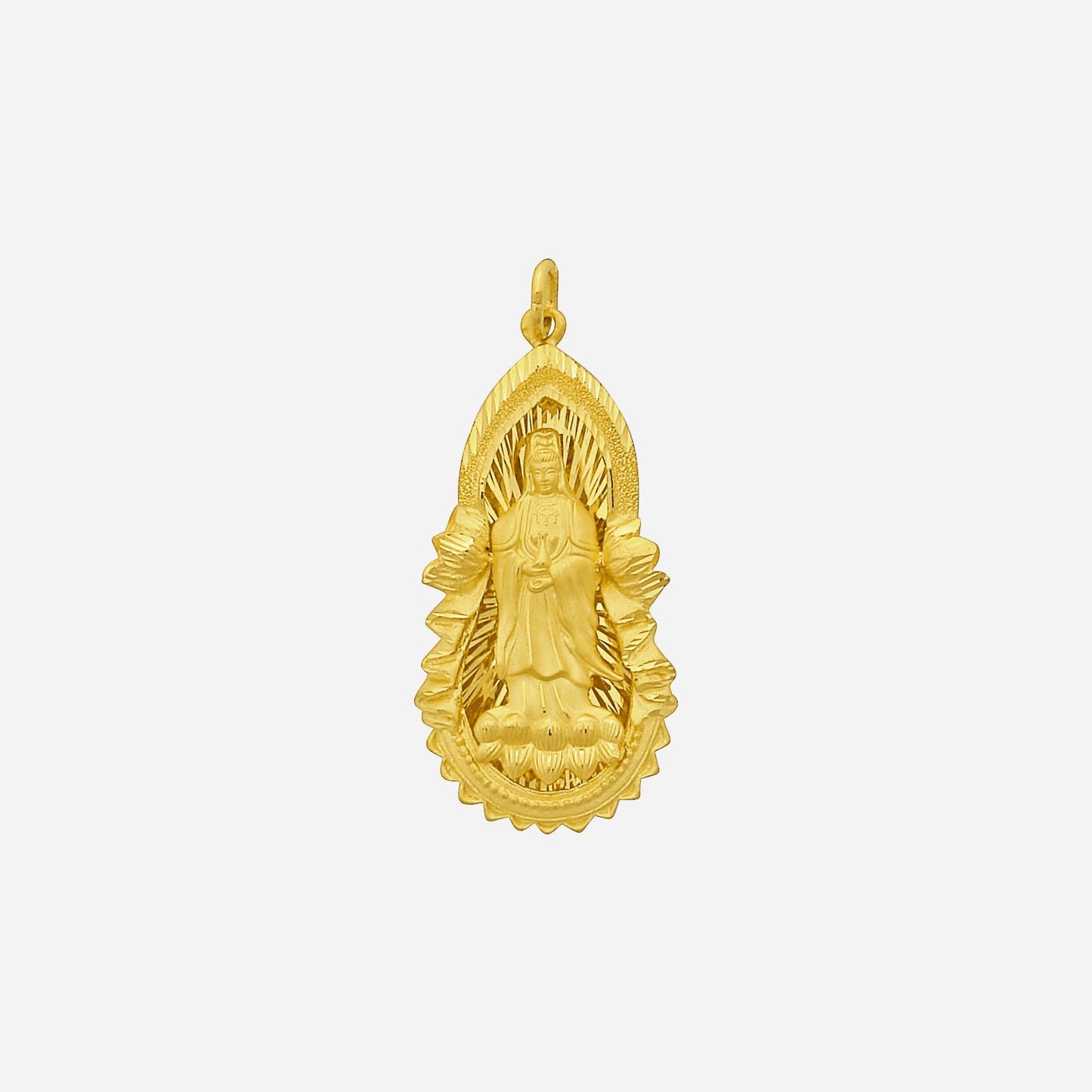 goddess of mercy pendant in 24k yellow gold with intricate relief design and serene figure.