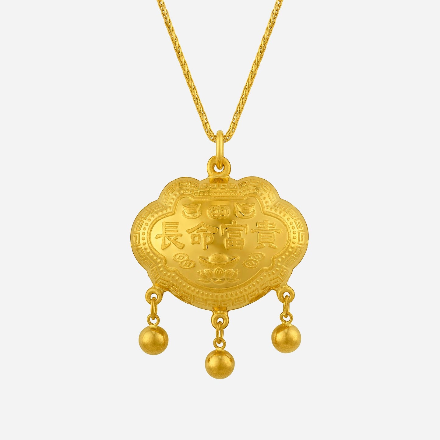 prosperity pendant in 24k yellow gold with intricate design and dangling accents symbolizing abundance and good fortune.
