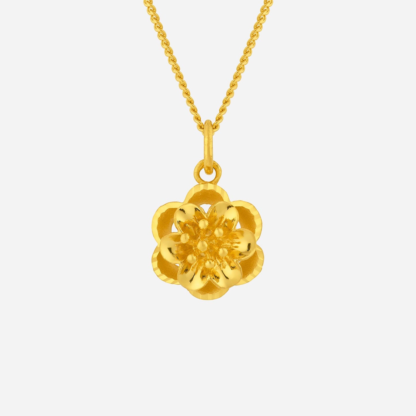 elegant flower pendant in 24k yellow gold with detailed floral design, perfect for nature lovers. chain sold separately.