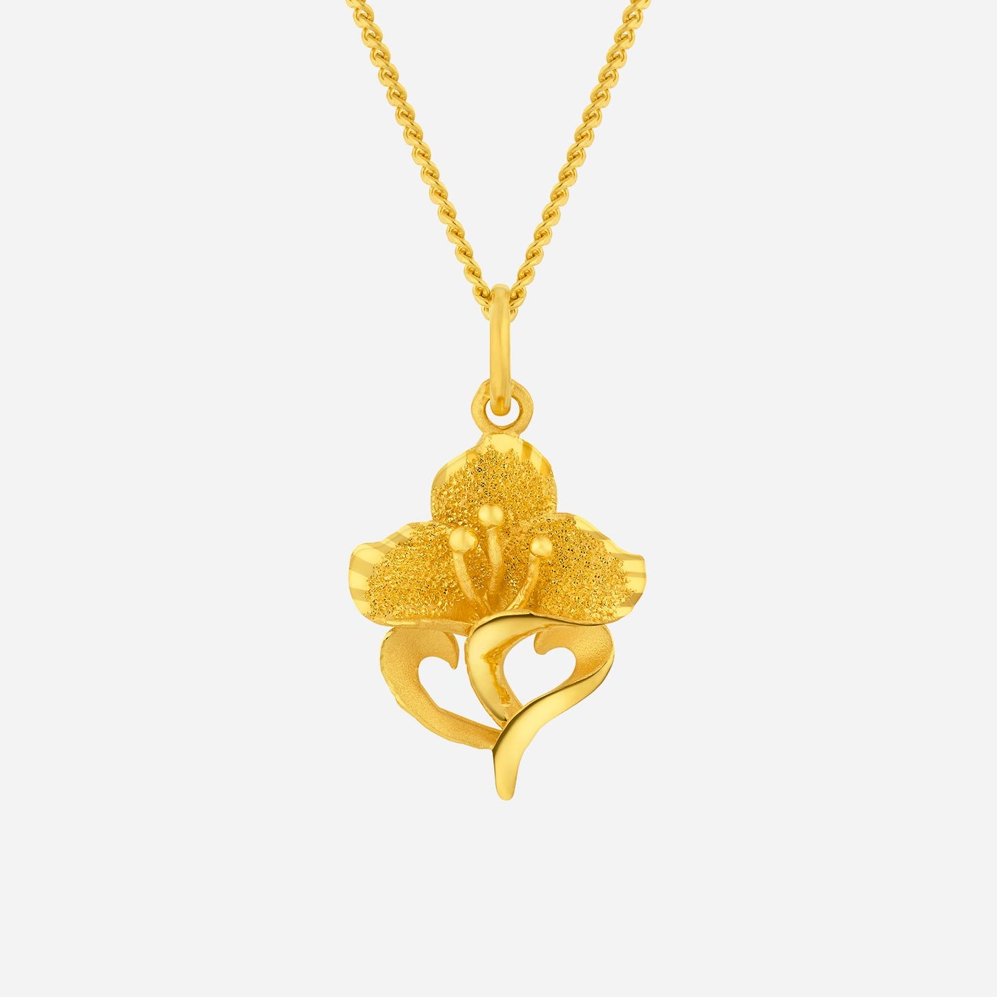 lily pendant in 24k yellow gold with floral design, featuring a heart shape and intricate detailing.
