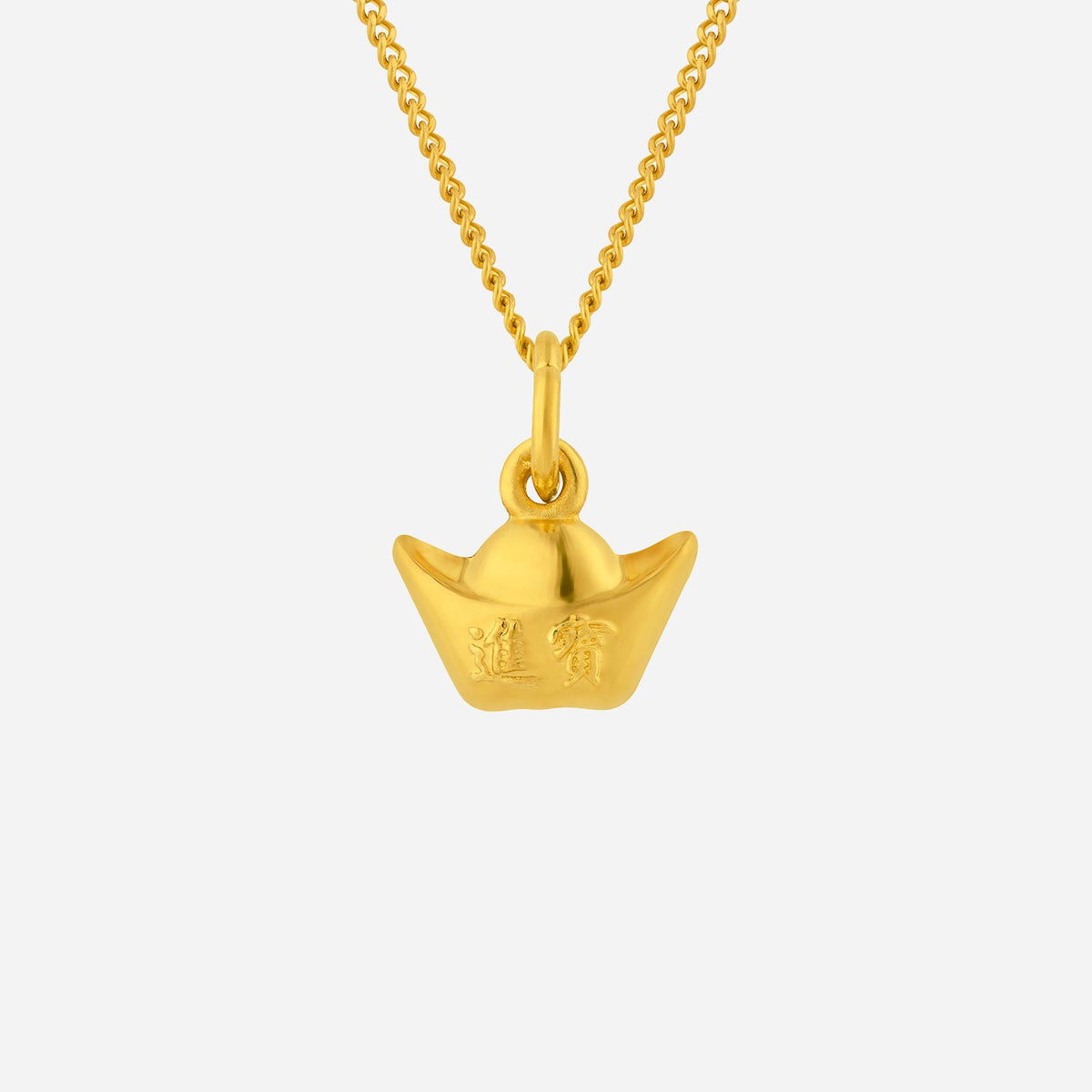 gold prosperity pendant in 24k yellow gold featuring a curved design and engraved symbol, perfect for elevating style.