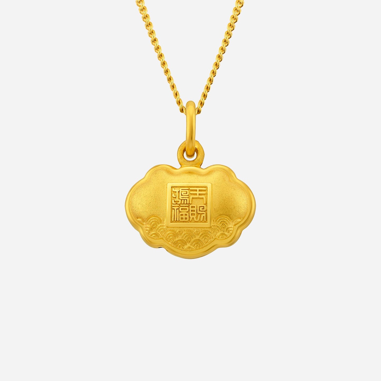 24k yellow gold prosperity pendant, cloud design with engraved character details, perfect for elegant jewelry styling.