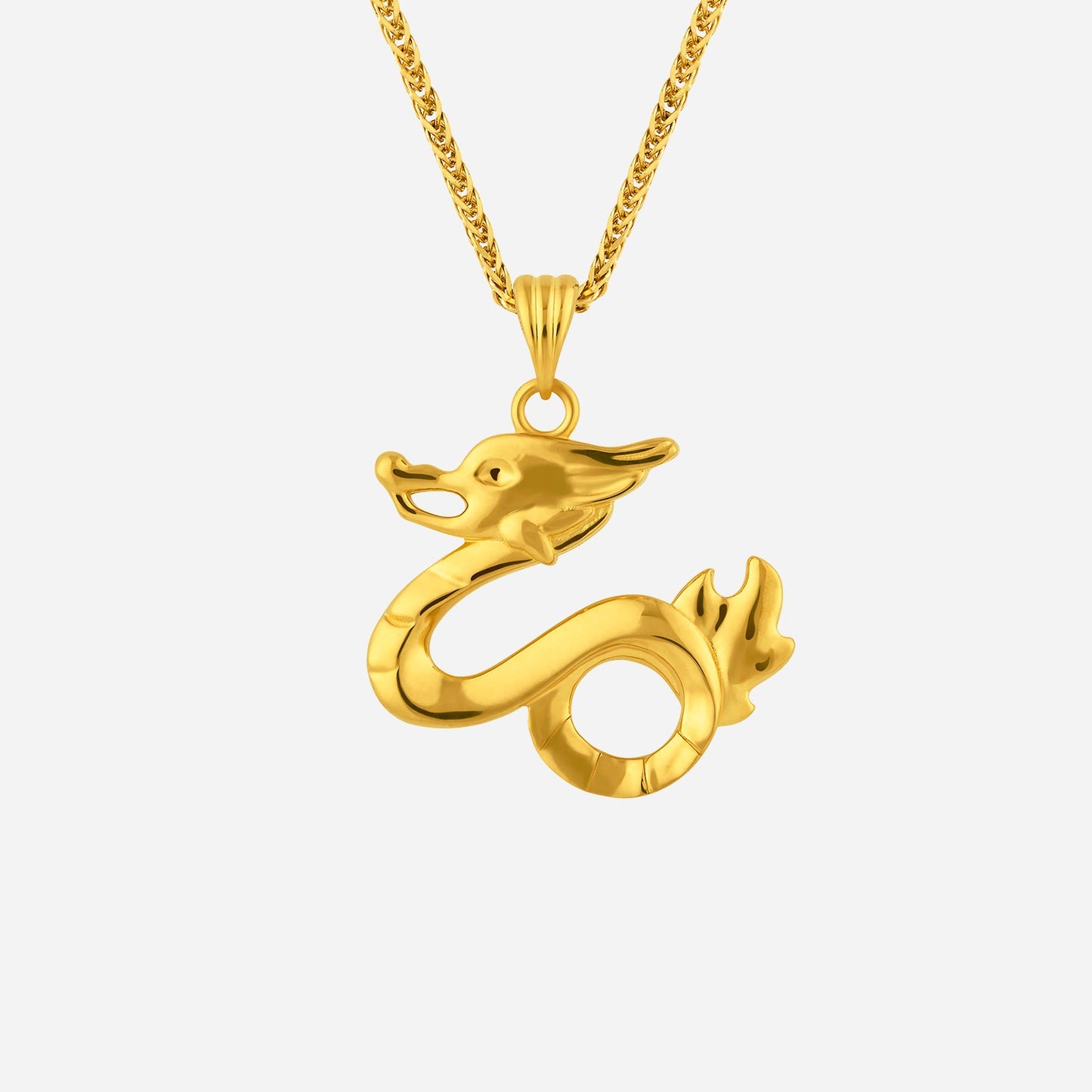 dragon pendant charm in 24k yellow gold with a playful design, showcasing a detailed dragon figure.
