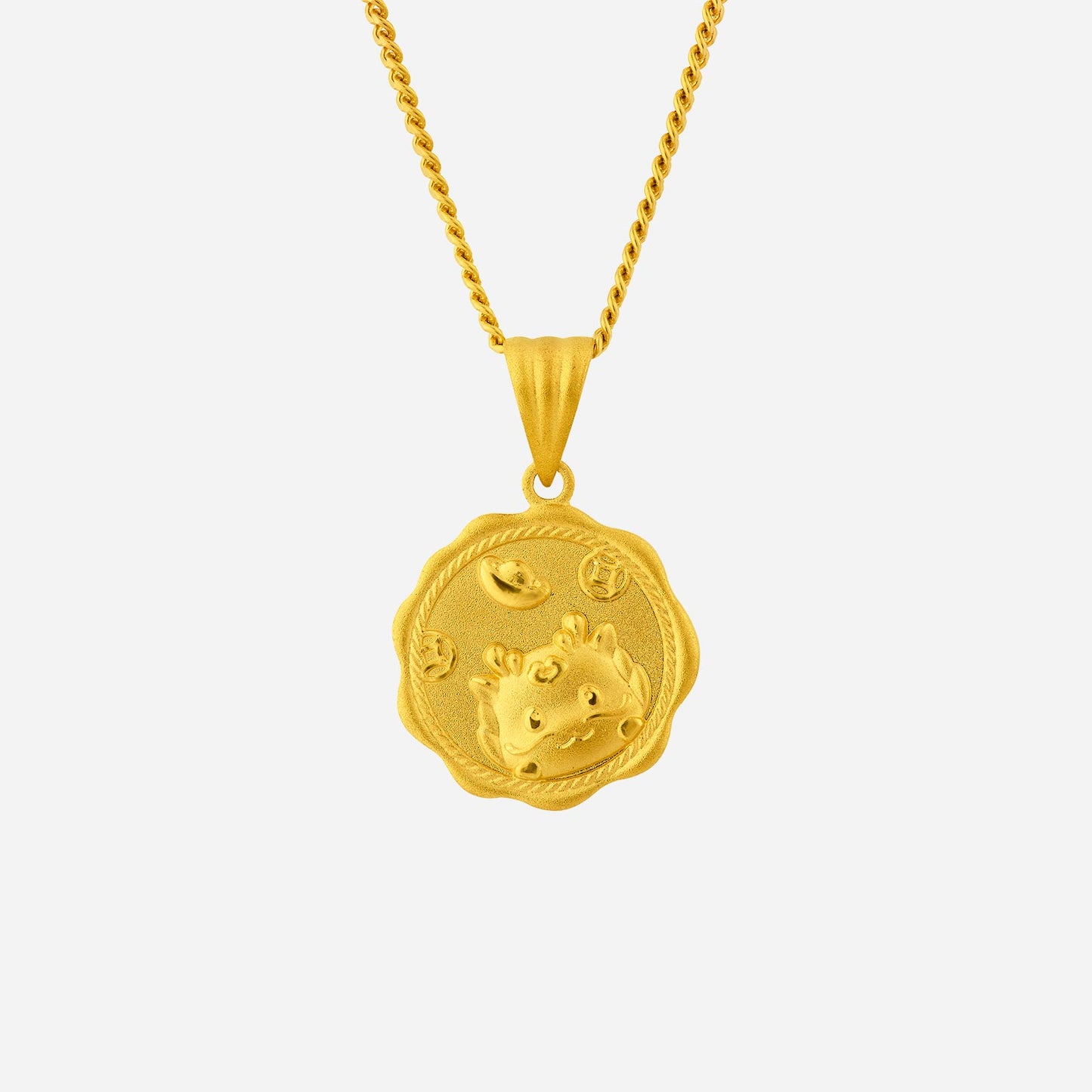 prosperity dragon coin pendant in 24k yellow gold with intricate good fortune symbols and a textured design.