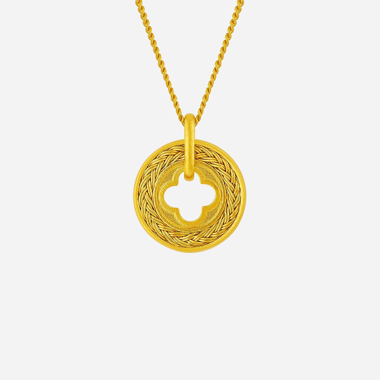 braid cornus pendant in 24k yellow gold featuring an intricate braided design and a cutout floral motif.