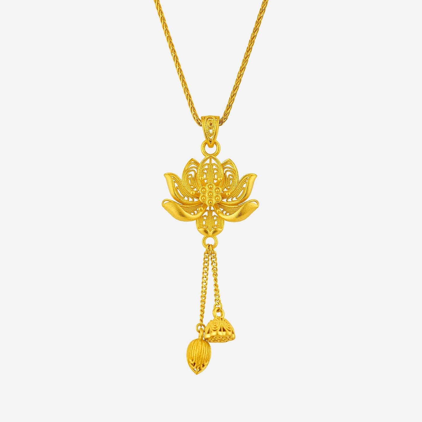 lotus pendant in 24k yellow gold with intricate petal design and hanging lotus details. chain sold separately.