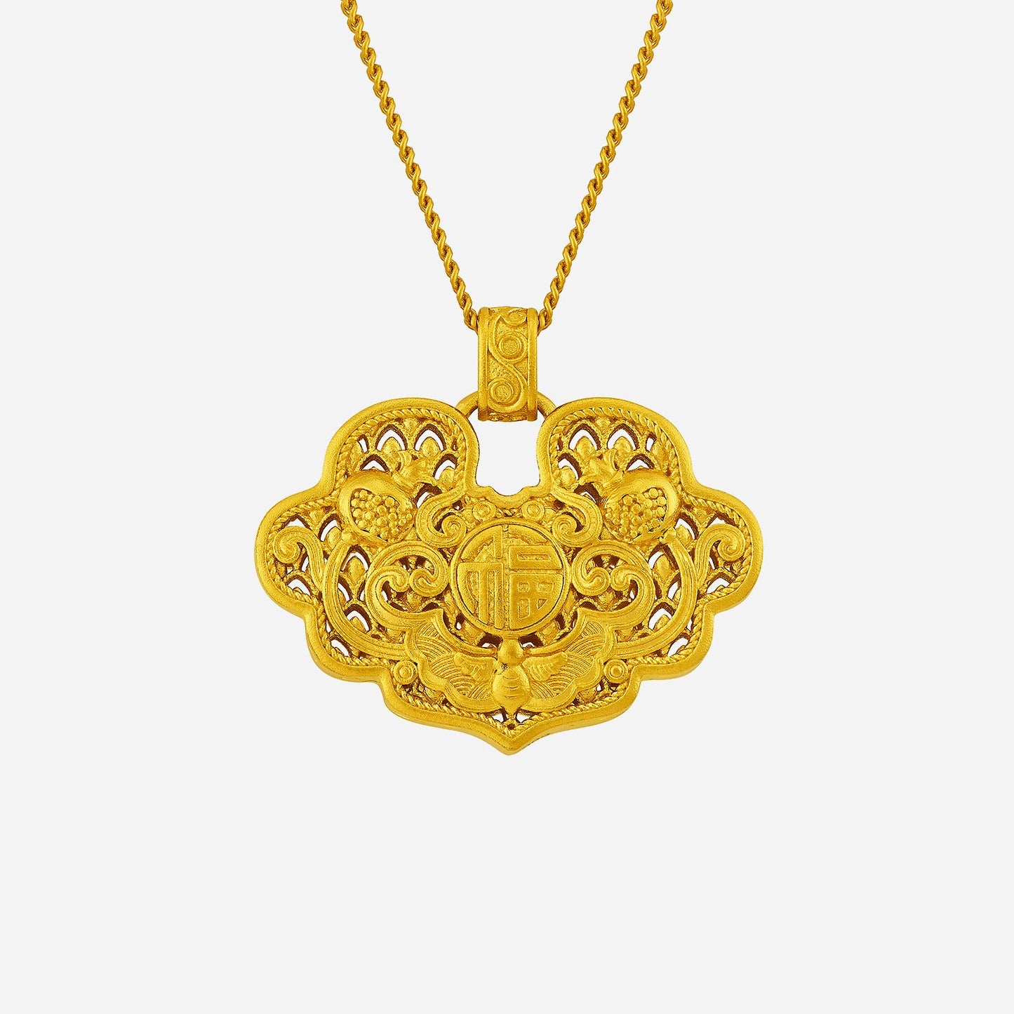 24k yellow gold prosperity lock pendant with intricate auspicious motifs, showcasing detailed floral and bird designs.