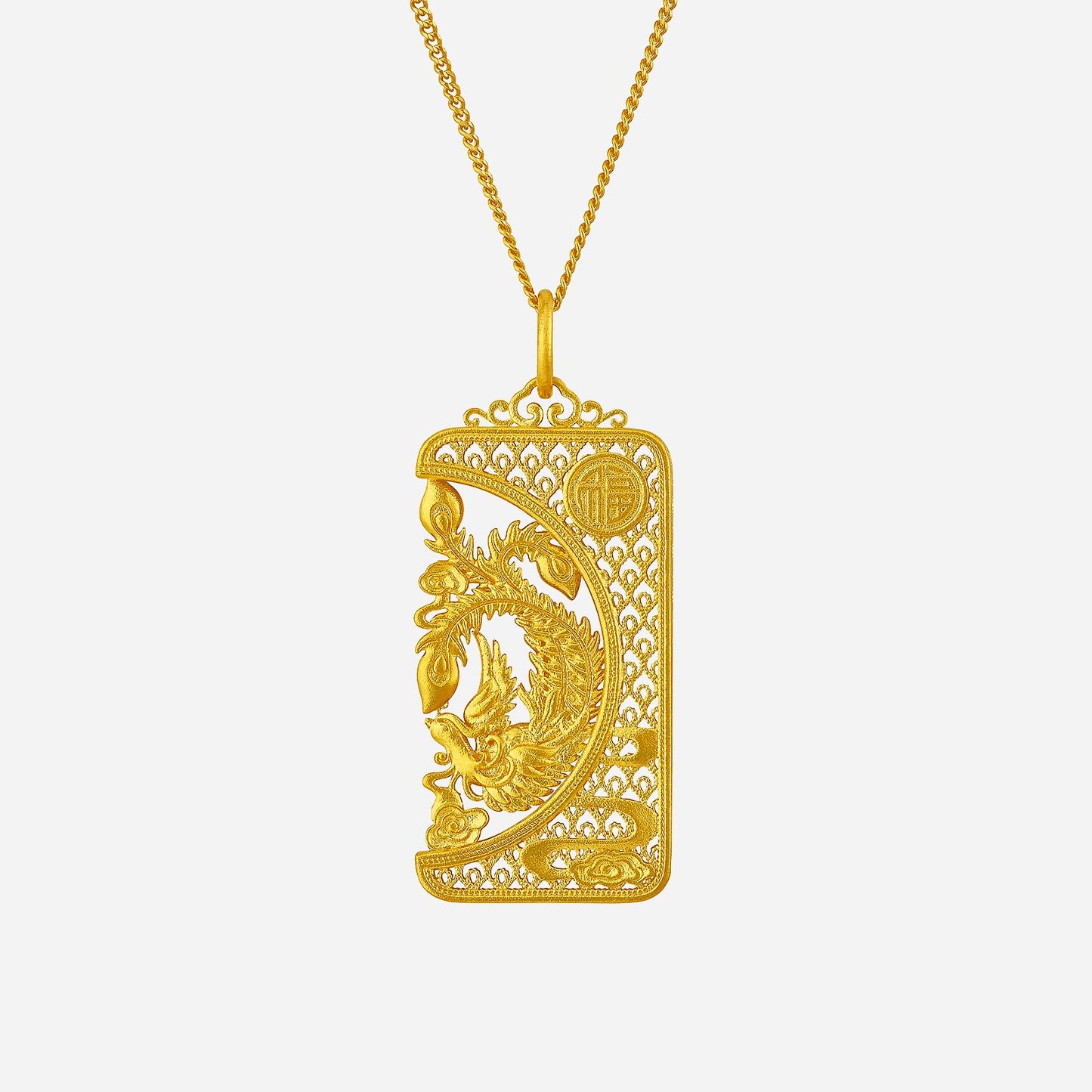 24k yellow gold phoenix pendant with intricate design and detailing, symbolizing transformation and strength.