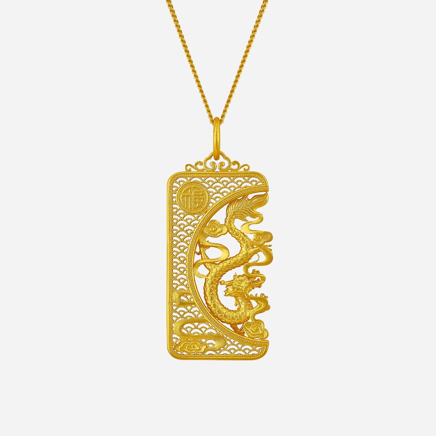 dragon pendant in 24k yellow gold with intricate design and protective dragon motif. ideal for bold jewellery statement.