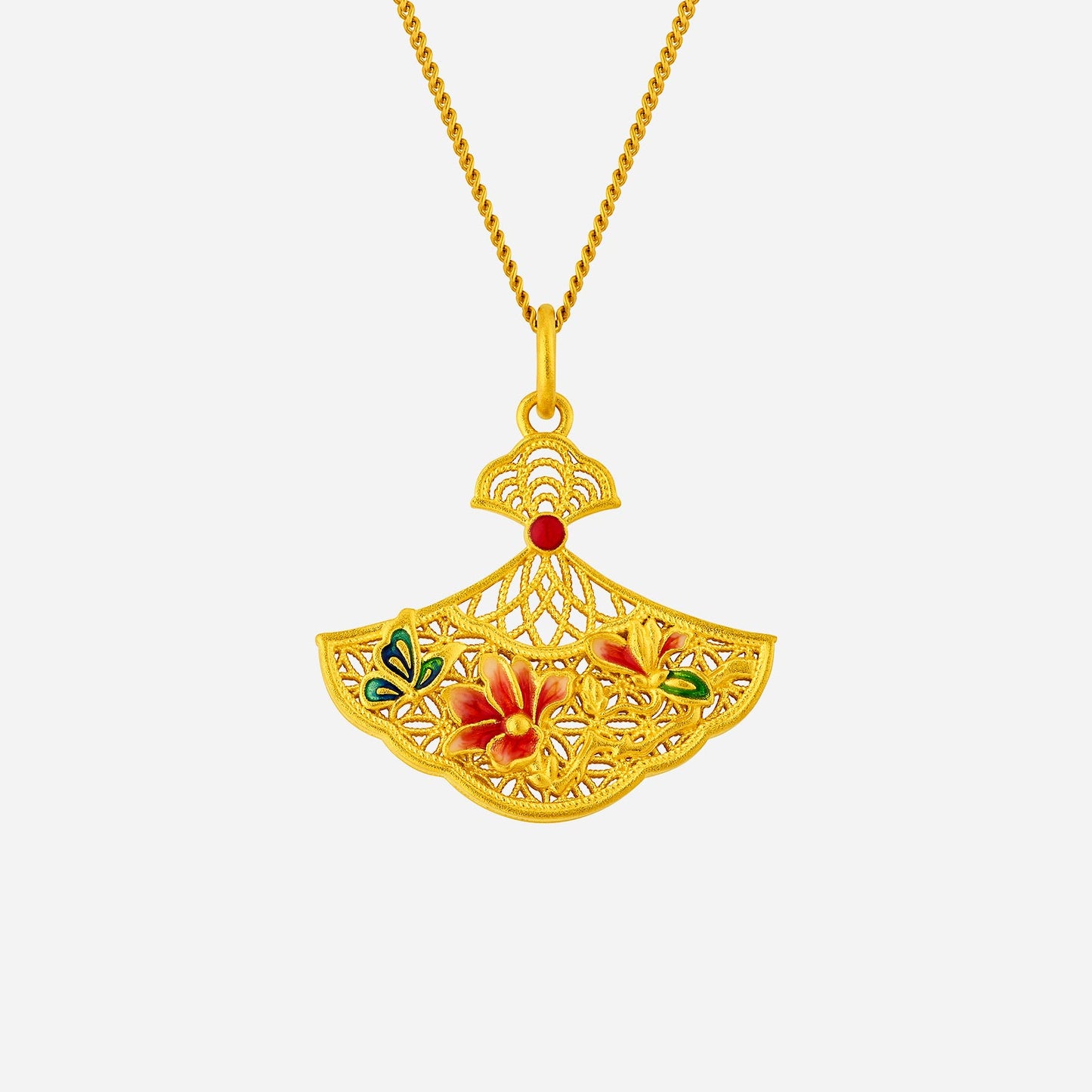 lotus fan pendant in 24k yellow gold with vibrant red and green enamel flower accents, featuring detailed filigree design.