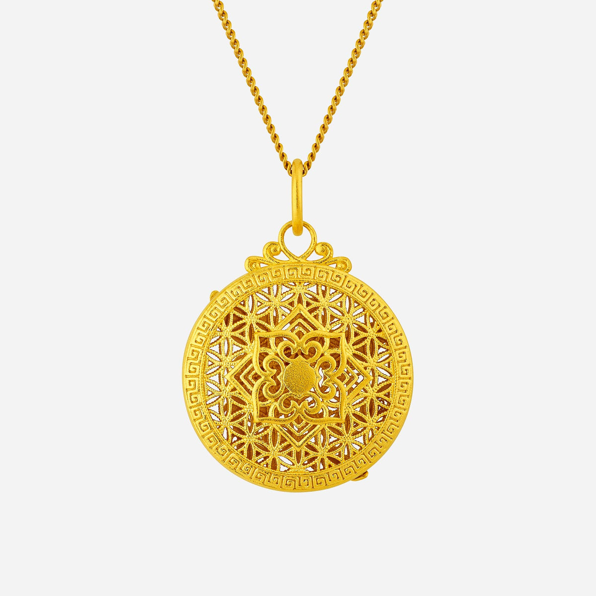 phoenix pendant in 24k yellow gold featuring intricate filigree design and symbolic phoenix motif, chain sold separately.