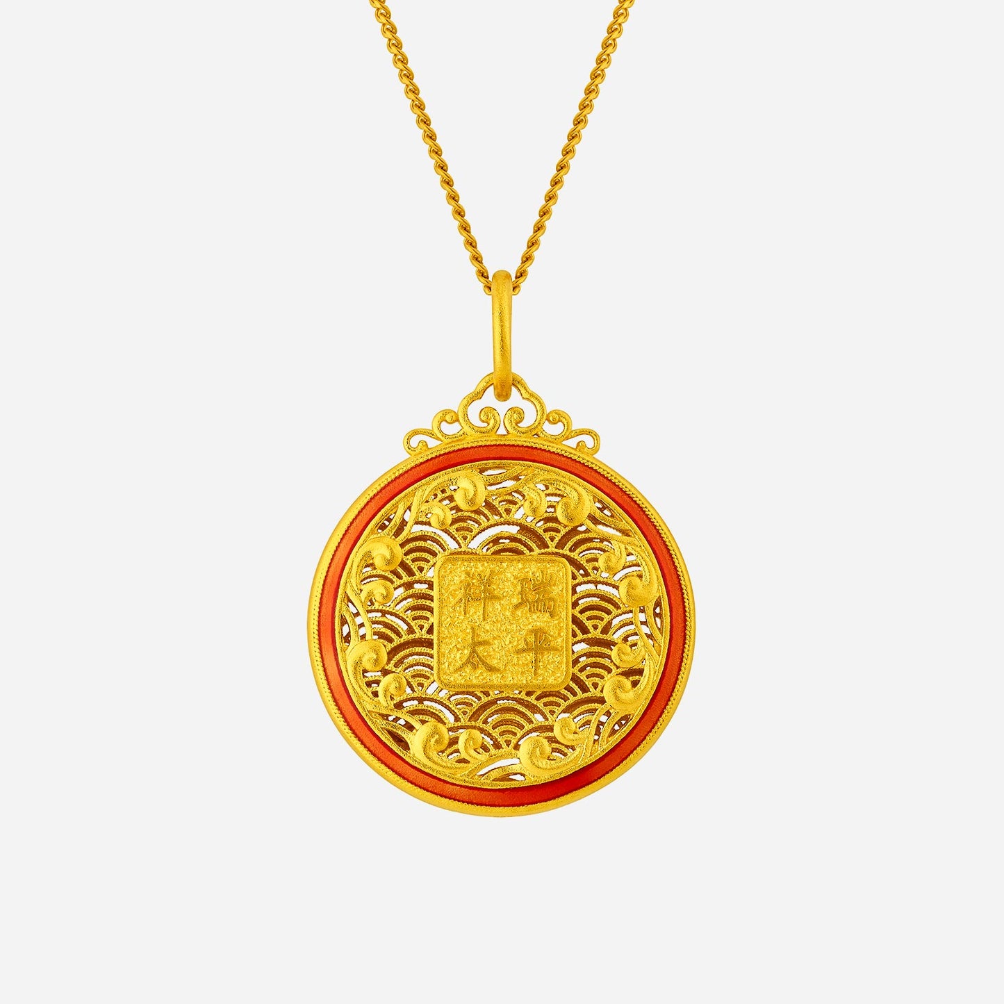 auspicious kirin pendant in 24k yellow gold with intricate enamel detailing and mythical creature design.