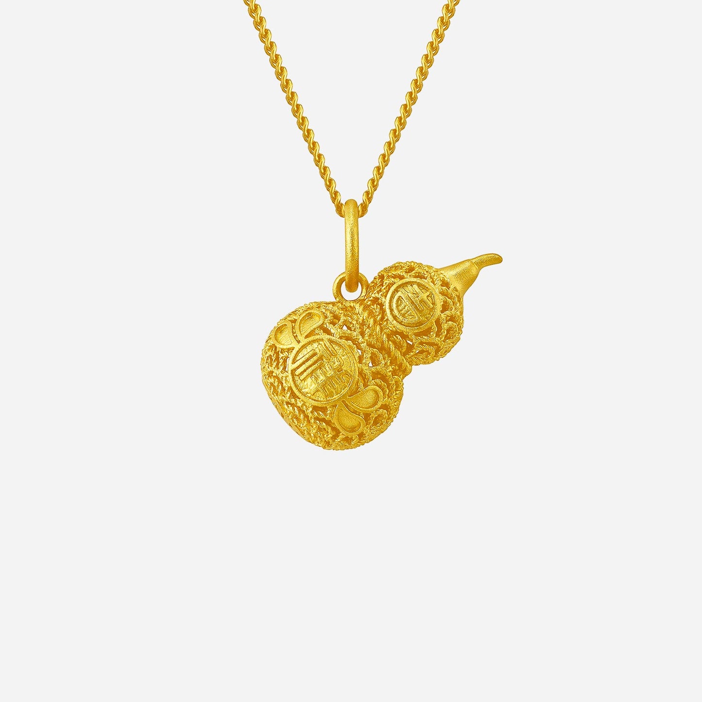gourd pendant crafted in 24k yellow gold with intricate design and traditional symbolism. chain sold separately.