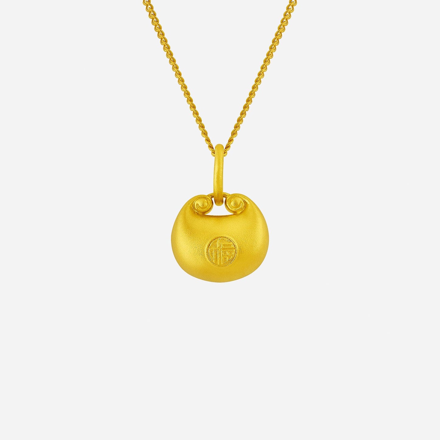 prosperity pendant in 24k yellow gold with embossed symbol and elegant design on a delicate chain.
