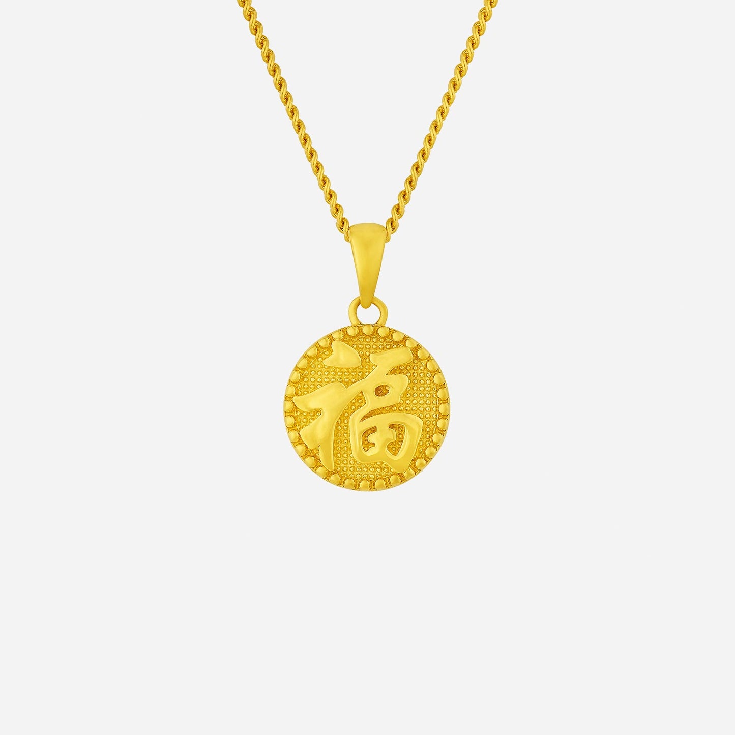 24k yellow gold prosperity pendant featuring a detailed prosperity symbol and textured design on a delicate chain.