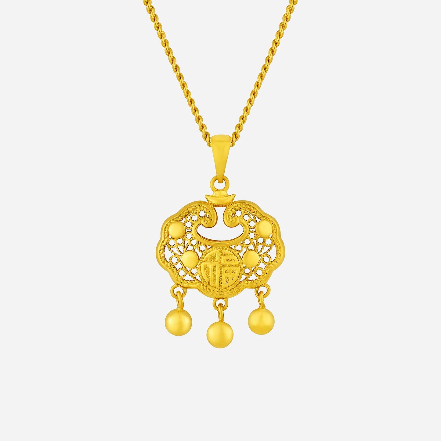 24k yellow gold prosperity lock pendant with intricate patterns and dangling spheres symbolizing protection and wealth.