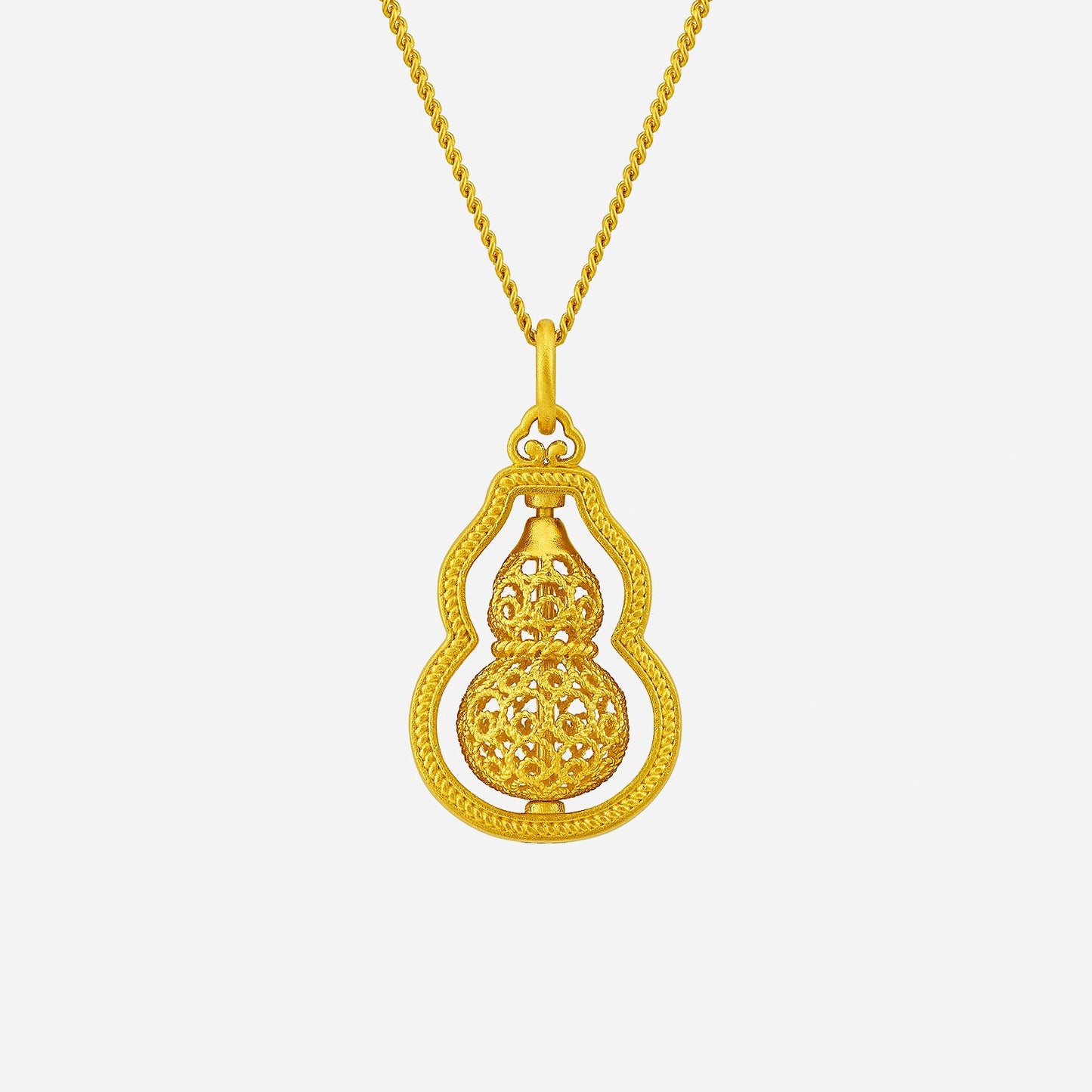 24k yellow gold gourd pendant with intricate filigree design, symbolizing prosperity and good fortune. chain sold separately.