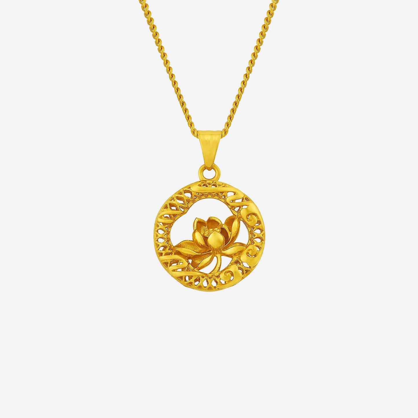 24k yellow gold radiant lotus pendant featuring intricate filigree design and lotus motif, perfect for elegant occasions.