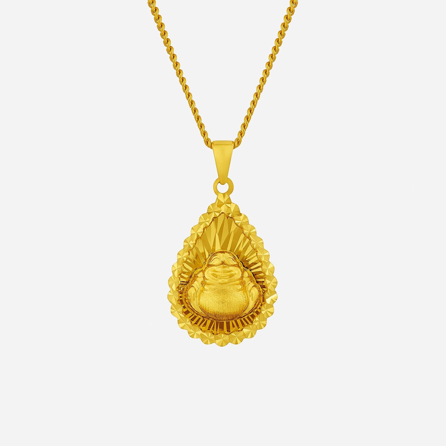 24k yellow gold laughing buddha pendant with teardrop design, featuring intricate craftsmanship and radiant finish.