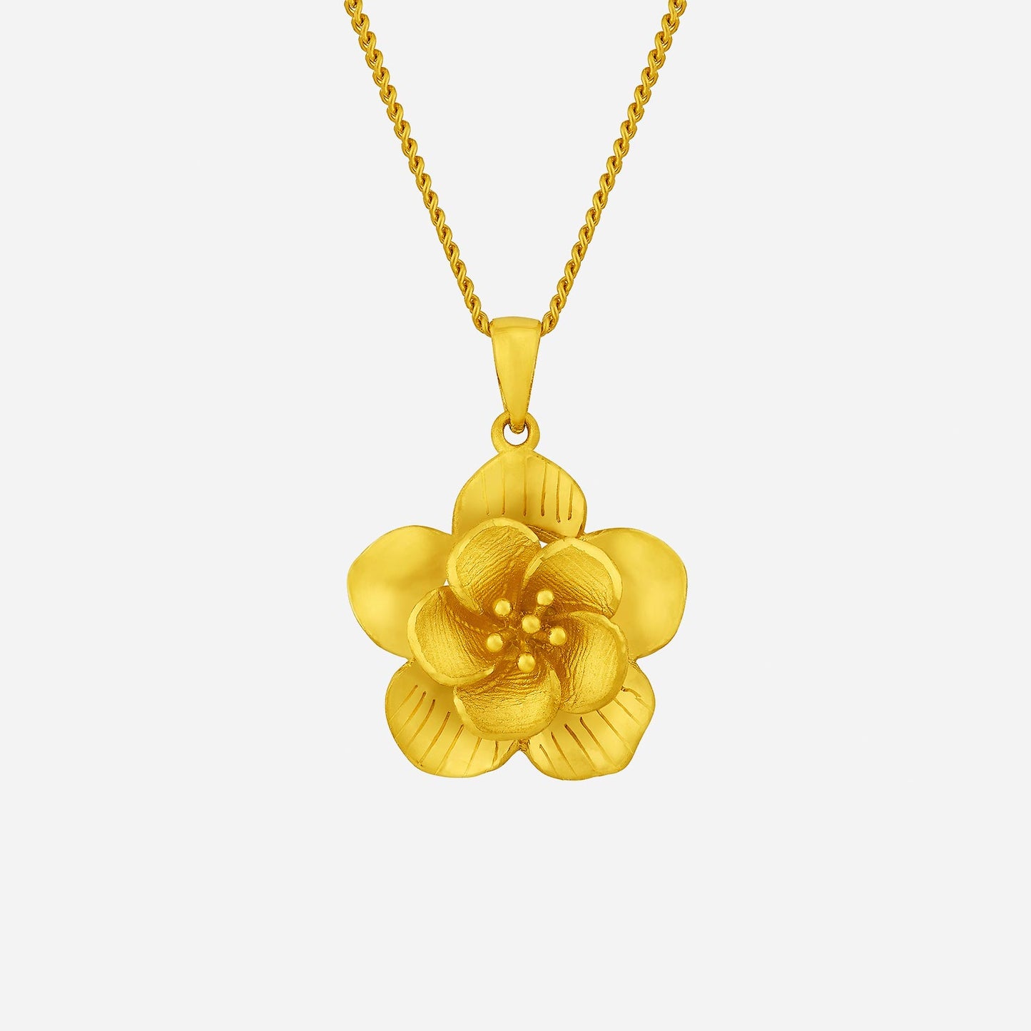 24k yellow gold spring blossom pendant with floral design and textured petals. elegant necklace charm for any outfit.