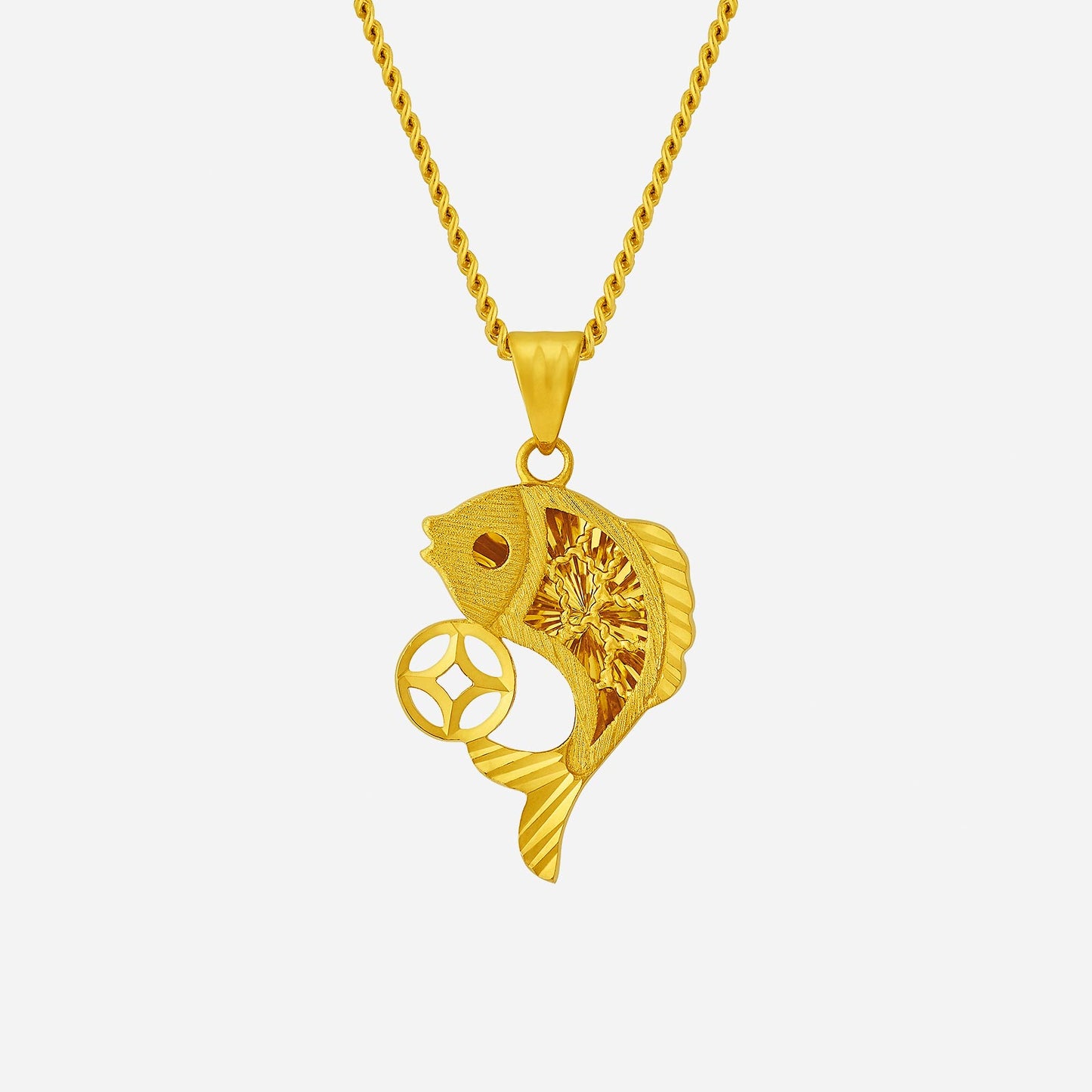 24k yellow gold fortune fish pendant with intricate design, symbolizing prosperity and good fortune. chain sold separately.